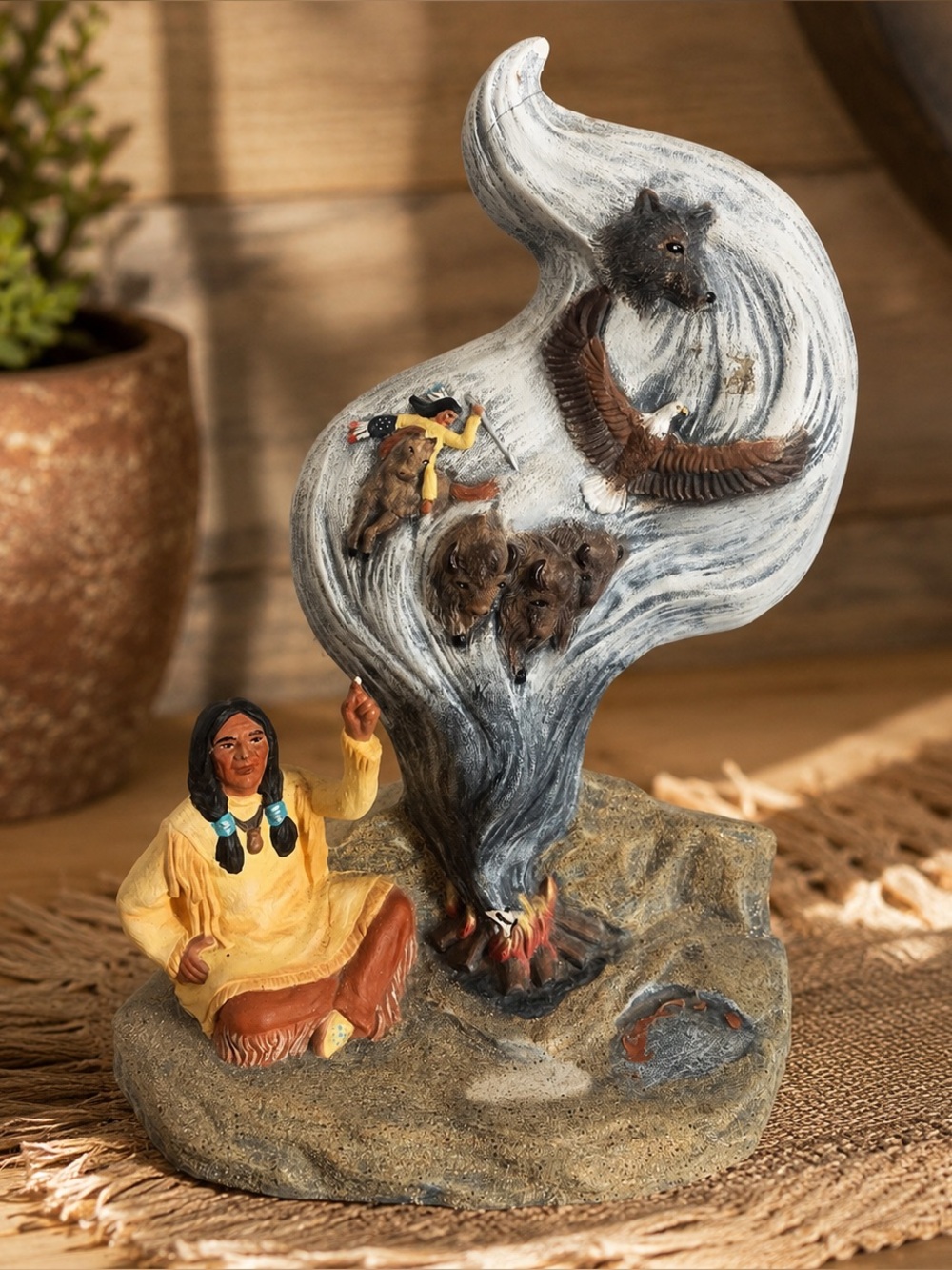 Native American Storyteller Warrior Eagle Wolf Buffalo Campfire Figurine